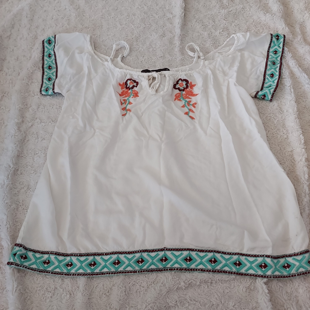 Hazel Off-Shoulder White Top Turquoise & Orange Boho Festival Hippie Summer